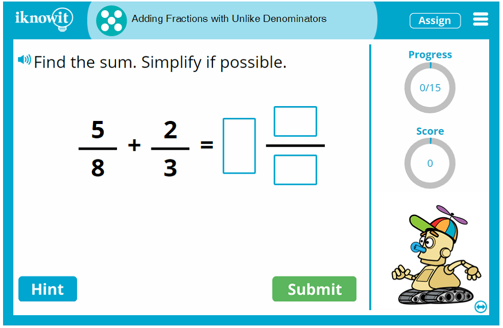 5th Grade Adding Fractions Unlike Denominators Game