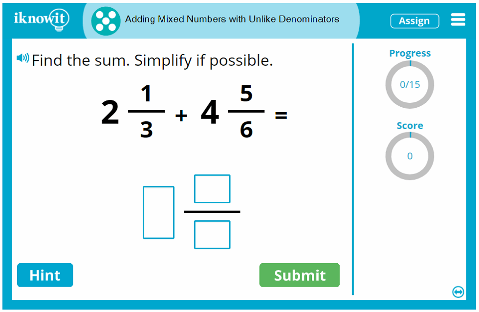 5th Grade Adding Mixed Numbers with Unlike Denominators Game