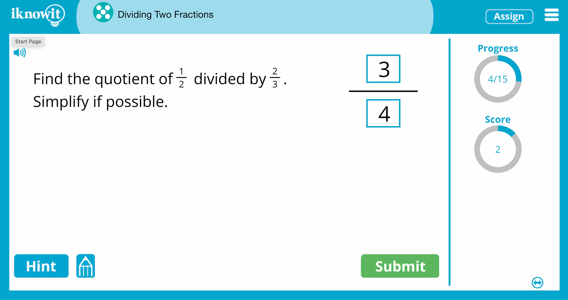 5th Grade Dividing Two Fractions Online Learning Activity