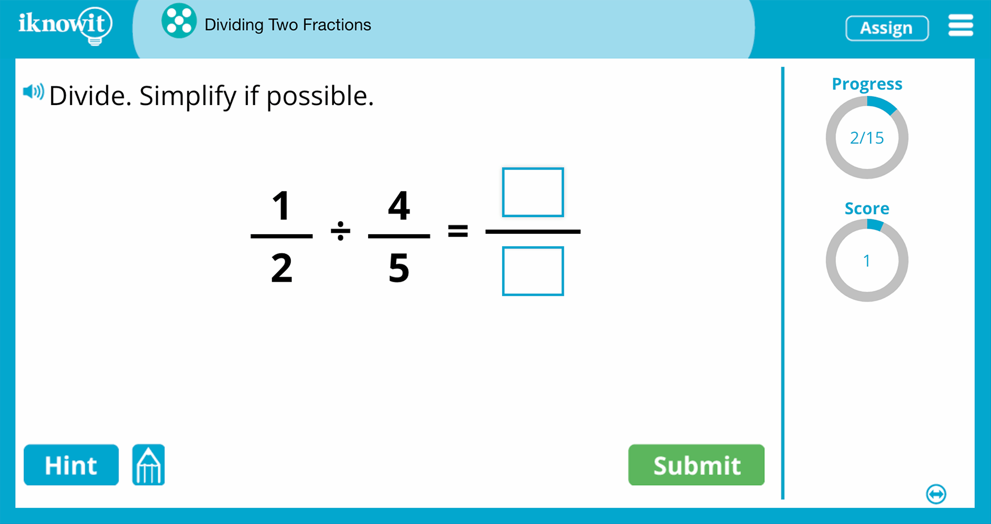 Fifth Grade dividing Two Fractions Practice Interactive Lesson