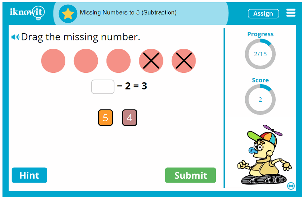 Kindergarten Find Missing Numbers up to Five using Subtraction Activity
