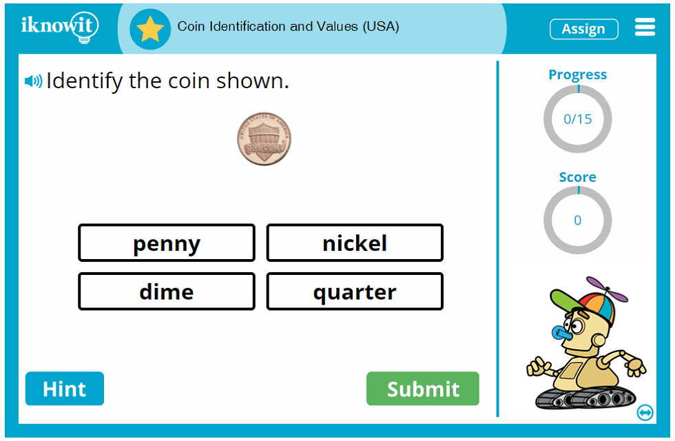 Kindergarten Coin Identification and Values USA Game