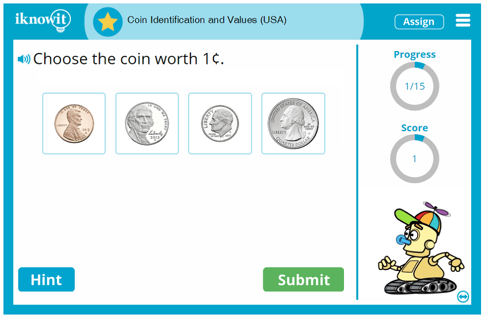 Online Math Practice Lesson  USA Coin Identification and Values