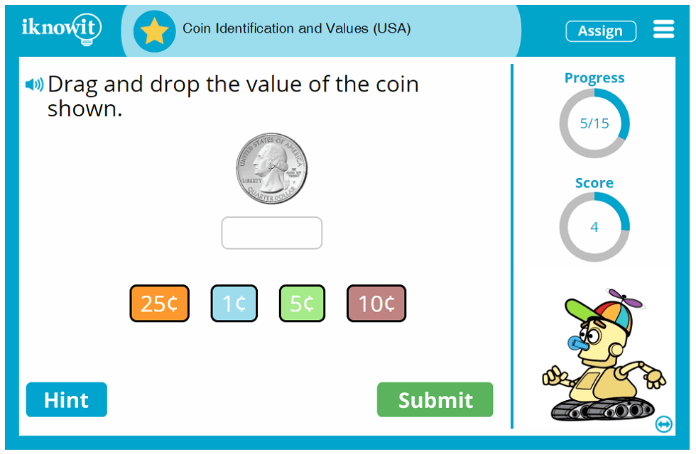 Kindergarten Naming US Coins and Identifying Values Game
