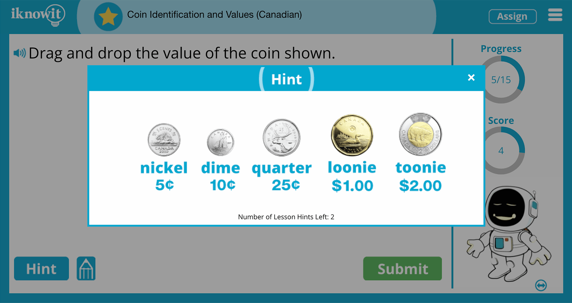 Kindergarten coin Identification And Values Canadian Practice Interactive Activity