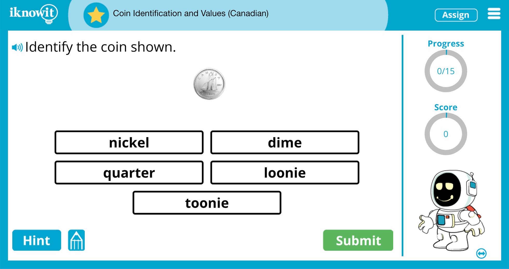 Kindergarten coin Identification And Values Canadian Practice Interactive Game