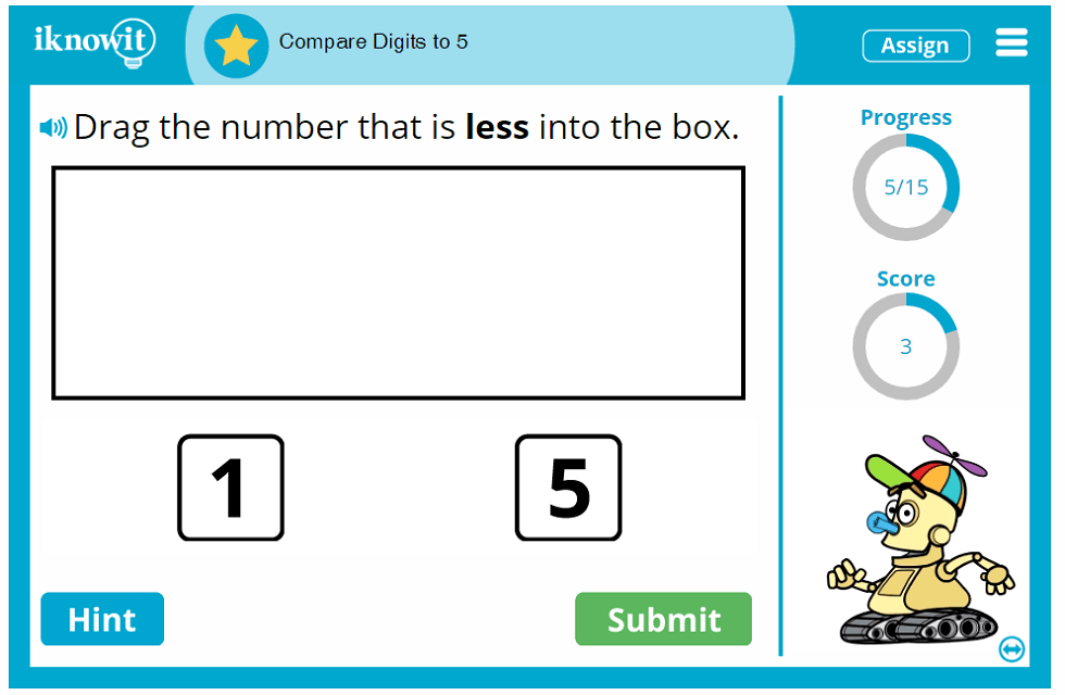 Kindergarten Compare Digits in Small Numbers to 5 Game