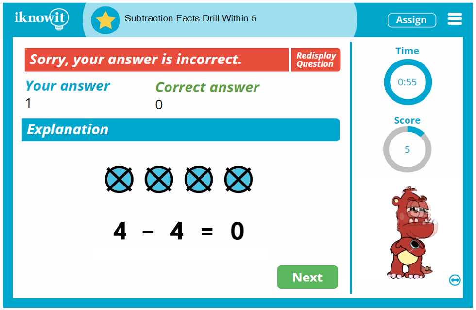 Kindergarten Subtraction Facts Drill within Five Activity