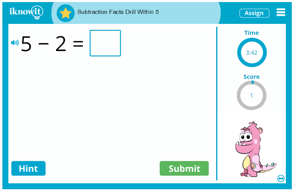 Kindergarten Subtraction Facts Drill within Five Game