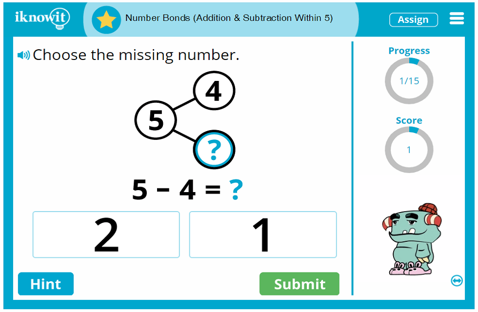 Kindergarten Number Bonds Addition Subtraction Within 5 Game