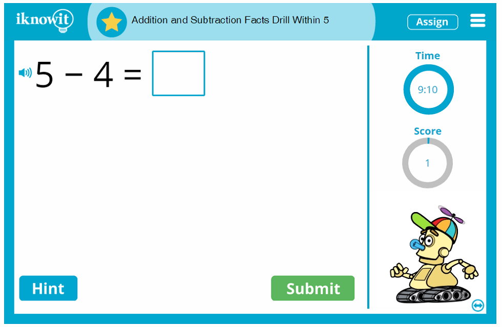 Kindergarten Adding and Subtracting Numbers upto 5 Speed Drill Game