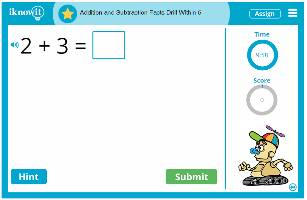 Kindergarten Addition Subtraction Facts Drill up to Five Game