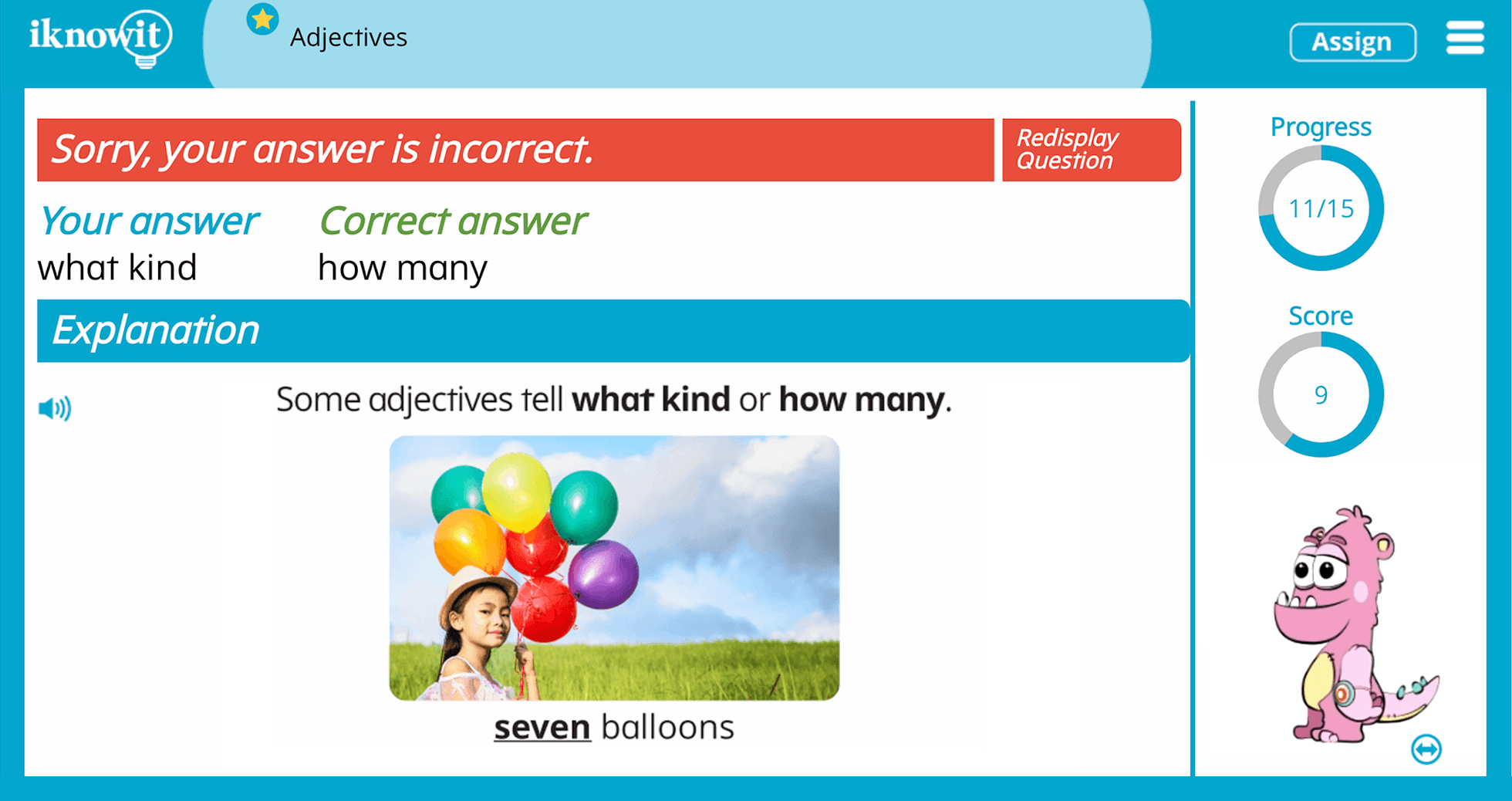 Kindergarten Adjectives Online Learning Game